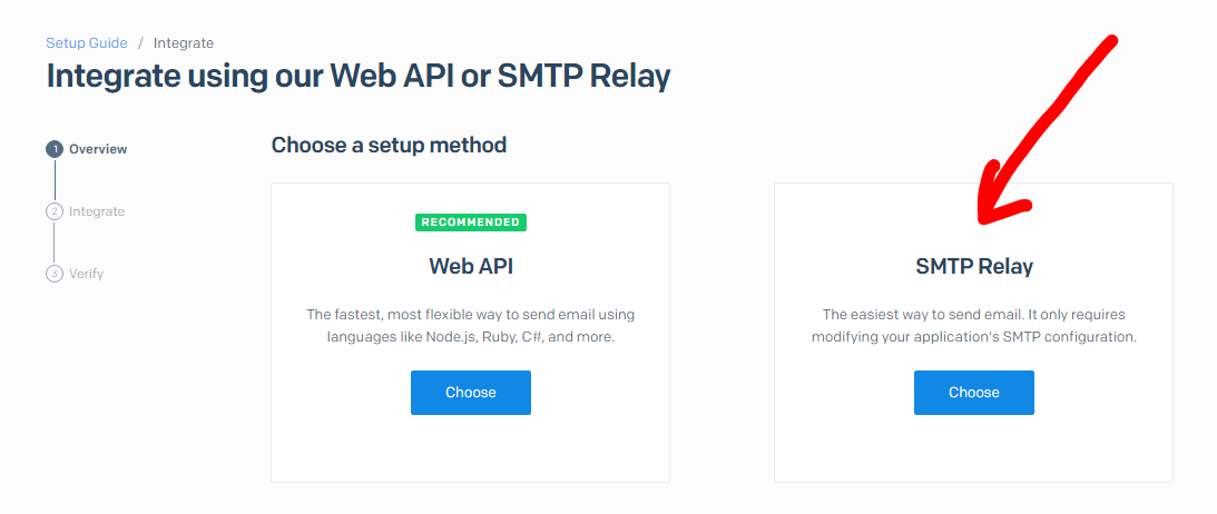 Integrate using our Web API or SMTP Relay 
O 
Choose a setup method 
Web API 
The to send using 
Node'S, and 
SMTP Relay 
The email 
sour SMTP contiqurat.v. 